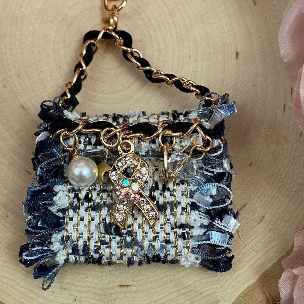 Blue and Black Textured Fabric Handbag Keychain Charm - Picture 10 of 16